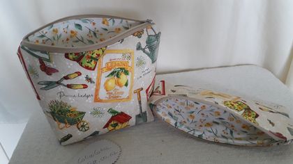 Quilted Toiletry Bag and zip topped pouch set in Gardening Themed Cotton Fabric